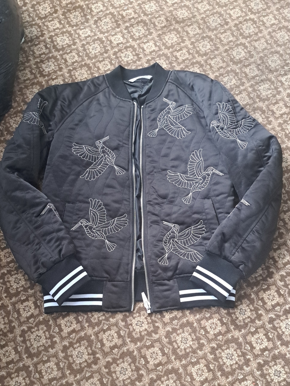 Zara Black Bomber Jacket with White Bird Embroidery